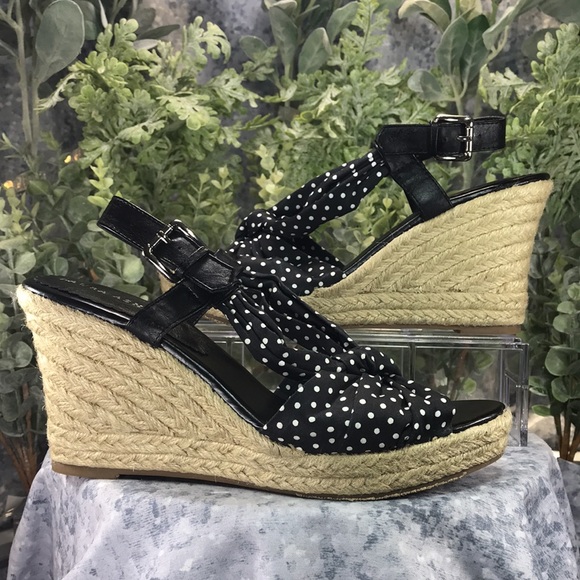 Laura Ashley Kilby Satin Fabric Polka Dot Espadrille Wedges WMS 10B☀️Like NEW☀️ - Picture 3 of 13